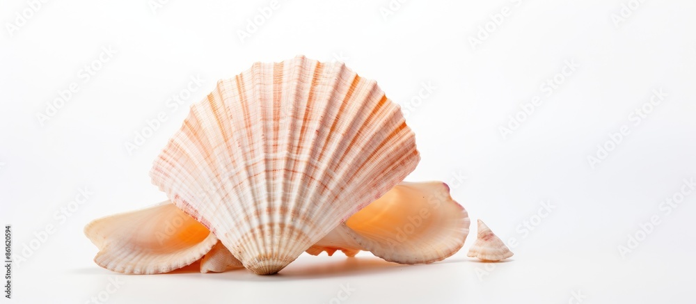 Seashell on a white background with copy space image for an article about seashells, ideal for vacation-themed and seaside shopping designs.