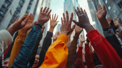 Diverse Group of Raised Hands in Unity for Social and Community Engagement Themes