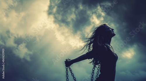 Woman Breaking Free from Chains Symbolizing Freedom and Empowerment for Inspirational Themes