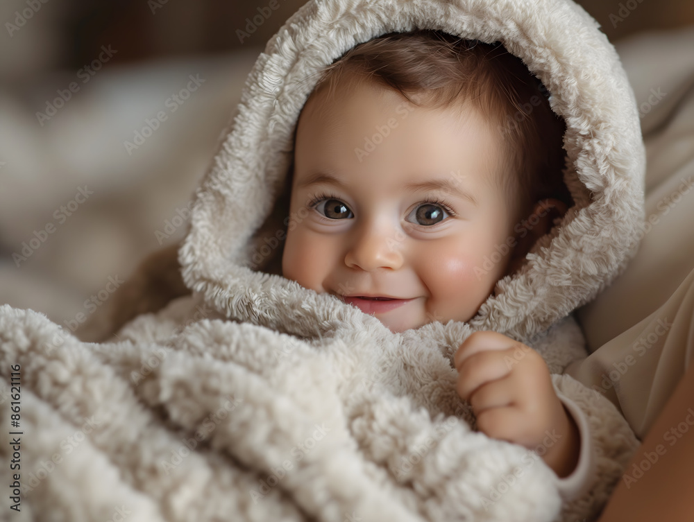 Cute happy laughing baby in soft bathrobe after bath playing Cute happy laughing baby in soft bathrobe after bath playing
