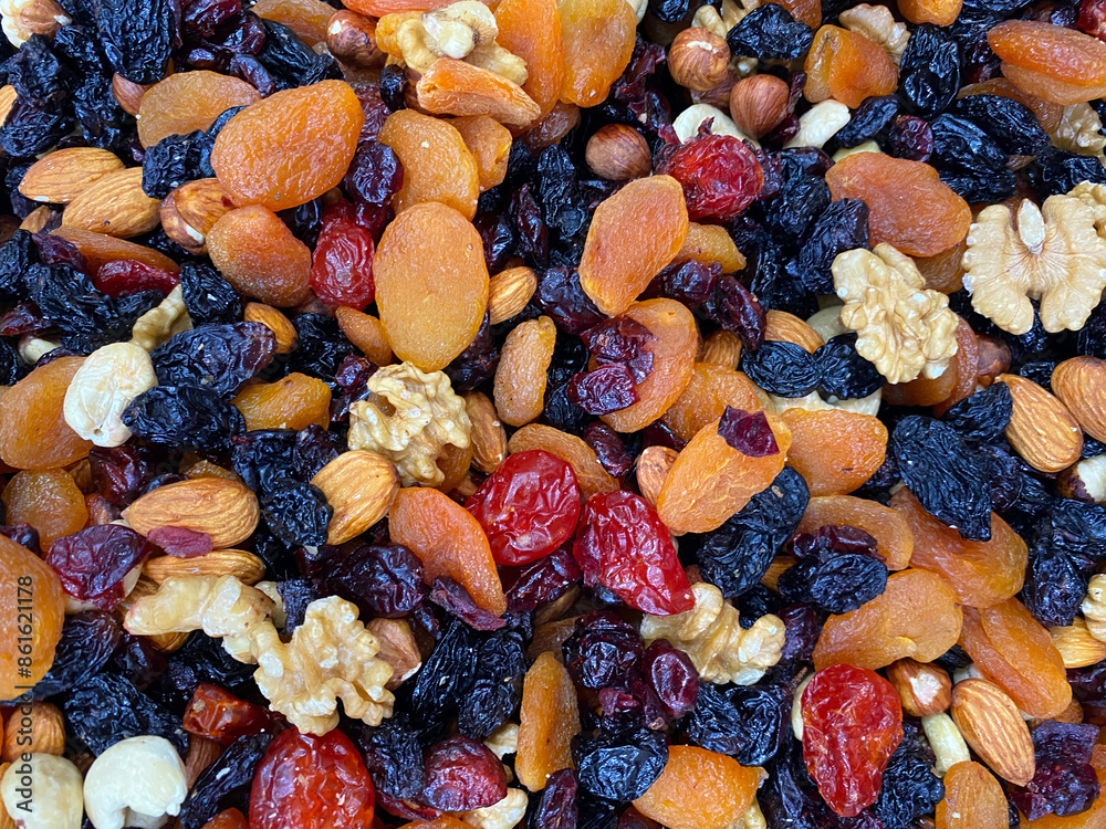 Dried fruits with nuts. Cashew, hazelnuts, peanuts, dried apricots, viburnum, raisins. Dried fruits with nuts. Cashew, hazelnuts, peanuts, dried apricots, viburnum, raisins.