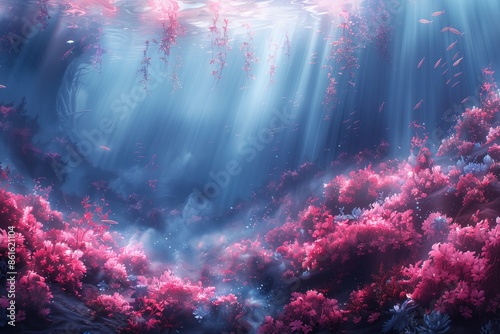 Sunlight Illuminates Pink Coral Reef Underwater