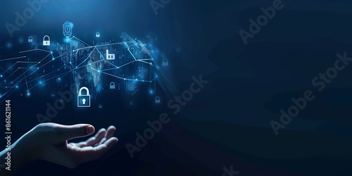 Digital security: Hand holding virtual padlock on dark blue background. Cybersecurity concept.