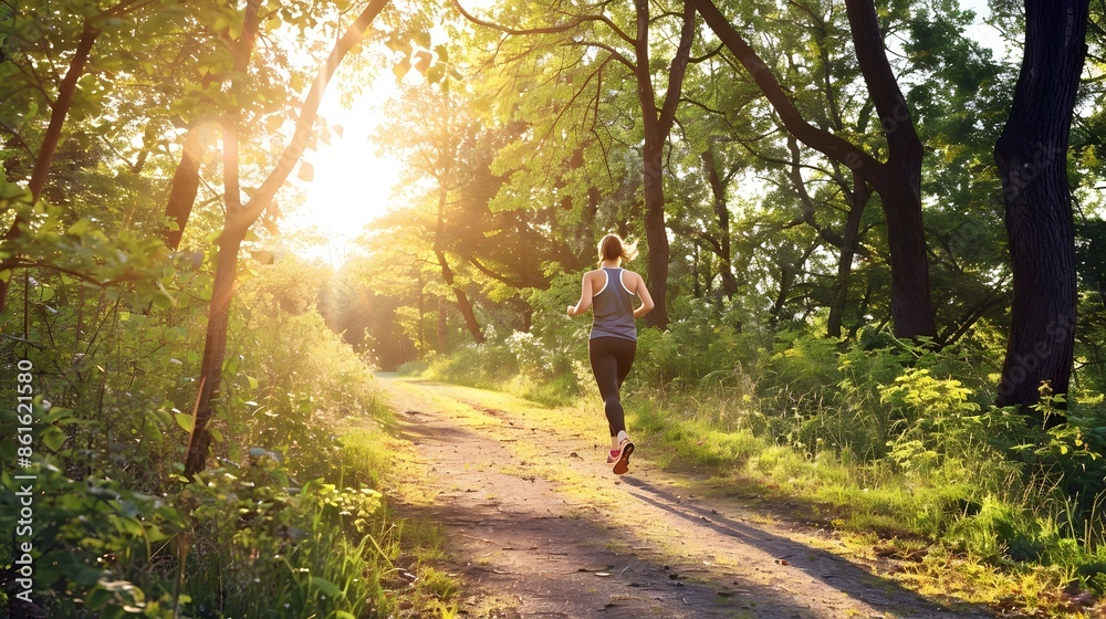 Fototapeta premium Young Woman Jogging on Scenic Park Trail with Ample Copy Space