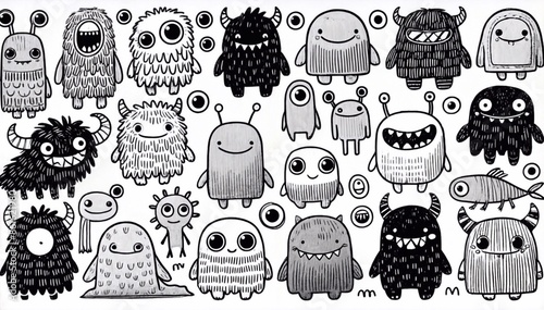 Big simple line art collection of monsters with various shapes and sizes, each with a pair of eyes, arranged in a grid pattern