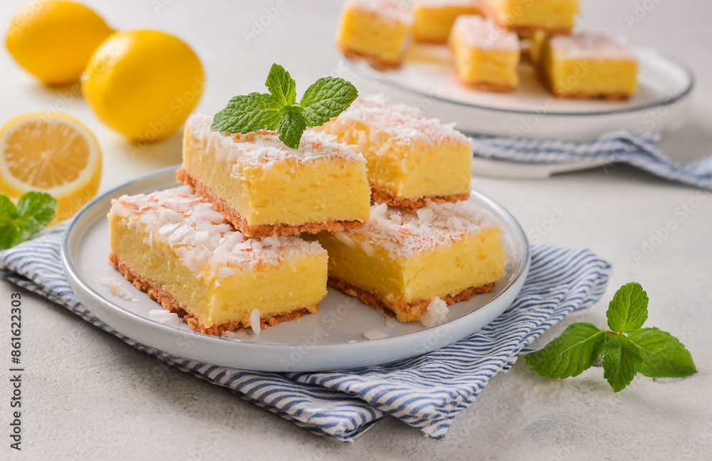 Lemon Bars with Coconut Topping and Mint Garnish make a delightful summer dessert choice Lemon Bars with Coconut Topping and Mint Garnish make a delightful summer dessert choice