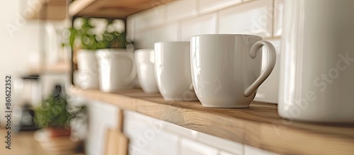 White coffee mugs hanging o...