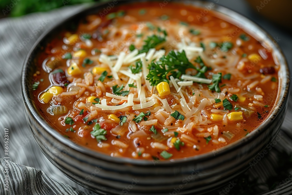 A bowl of soup with a generous amount of cheese and parsley on top A bowl of soup with a generous amount of cheese and parsley on top