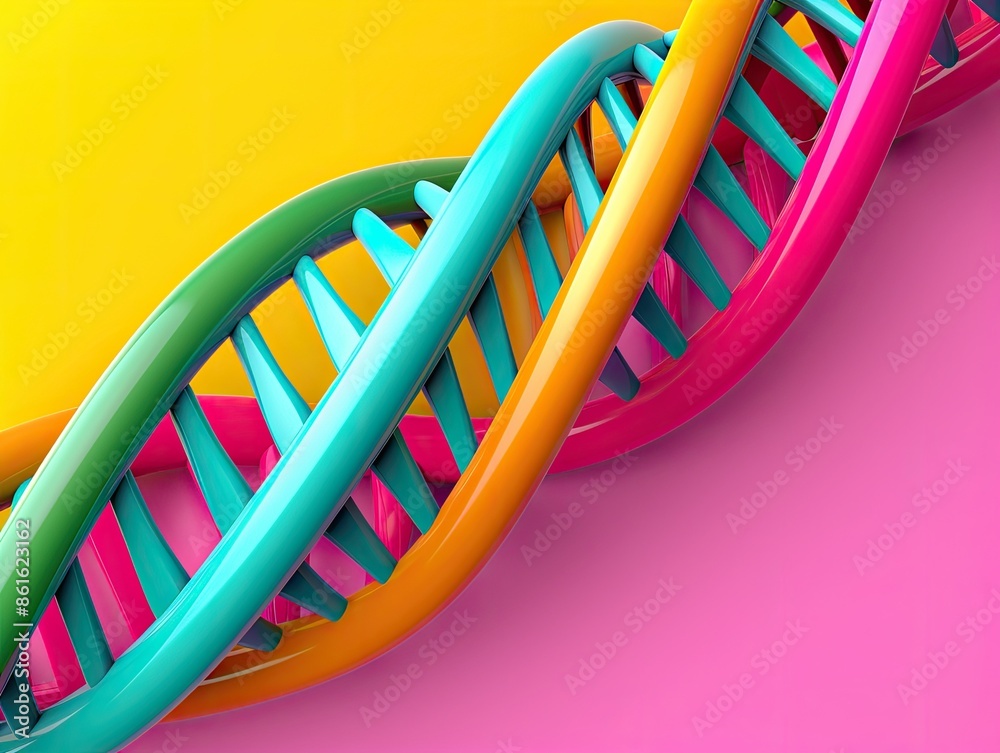 Colorful DNA helix structure on vibrant yellow and pink background, representing genetics and biotechnology in a visually appealing manner. Colorful DNA helix structure on vibrant yellow and pink background, representing genetics and biotechnology in a visually appealing manner.