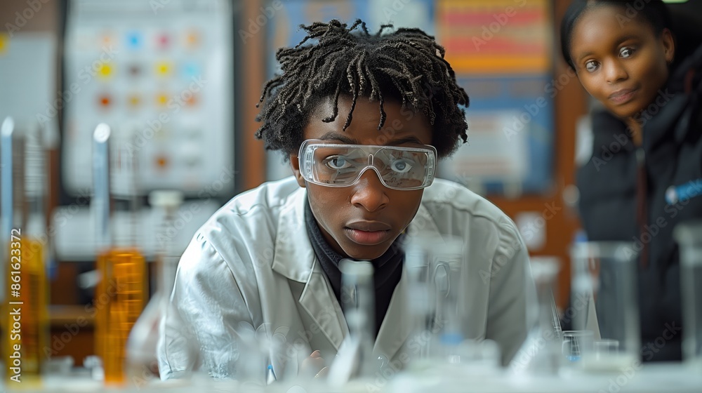 A student works on a science experiment in the lab, their face focused and curious, wearing a lab coat and safety goggles, the room filled with scientific equipment, beakers, and t A student works on a science experiment in the lab, their face focused and curious, wearing a lab coat and safety goggles, the room filled with scientific equipment, beakers, and t