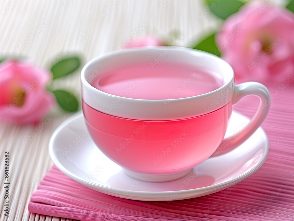 Elegant cup of pink herbal tea on a striped mat with pink flowers in the background, creating a relaxing ambiance. Elegant cup of pink herbal tea on a striped mat with pink flowers in the background, creating a relaxing ambiance.