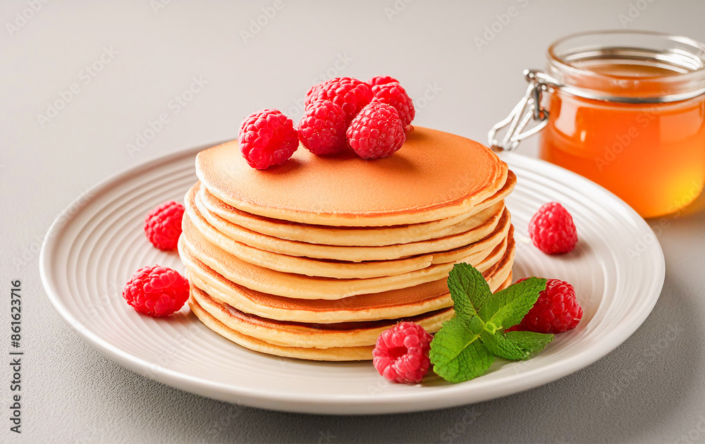 Fluffy pancakes with raspberries and honey a delightful choice for a delicious breakfast meal Fluffy pancakes with raspberries and honey a delightful choice for a delicious breakfast meal