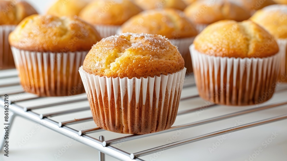 Freshly baked, golden muffins cooling on a wire rack, perfect for breakfast or dessert. Homemade baked goods in a cozy kitchen setting. Freshly baked, golden muffins cooling on a wire rack, perfect for breakfast or dessert. Homemade baked goods in a cozy kitchen setting.