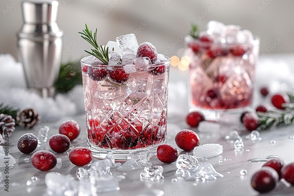 Two glasses of cranberry juice with ice cubes and garnish Two glasses of cranberry juice with ice cubes and garnish