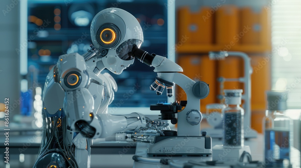 A humanoid robot using a microscope in a future-oriented lab, scientific experiments combining smart robotics and artificial intelligence, 3D rendering, AI generated A humanoid robot using a microscope in a future-oriented lab, scientific experiments combining smart robotics and artificial intelligence, 3D rendering, AI generated