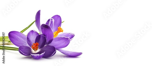 Purple crocus flower isolated on a white background is ideal for a greeting card template with ample copy space image. photo