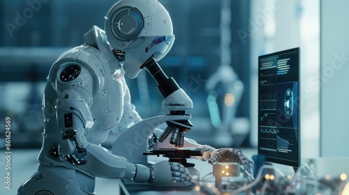 A humanoid robot working with a microscope in a futuristic lab, advanced AI-driven scientific experiments, 3D rendering, AI generated