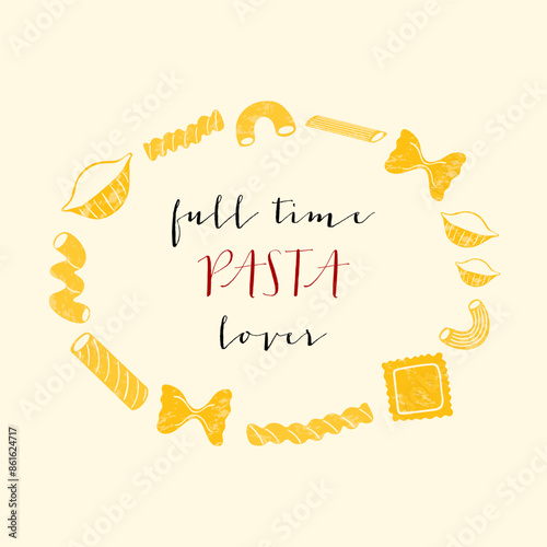 Italian pasta frame. Different types of Italian pasta wreath. Spaghetti, farfalle, penne, rigatoni, ravioli, fusilli, conchiglie, elbows, rotelle, orzo, paccheri illustration.