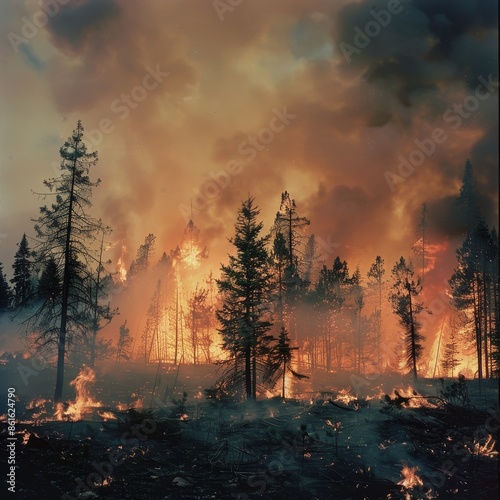 Wildfire consumes forested area with vibrant flames and thick smoke during a summer evening photo