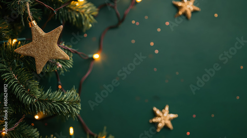 Festive green background with pine branches, twinkling lights, and star ornaments.  Perfect for holiday greetings or seasonal designs. photo