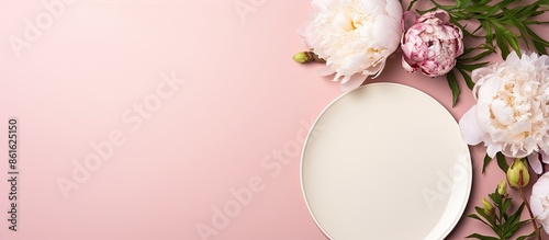 Top view of white peonies a...