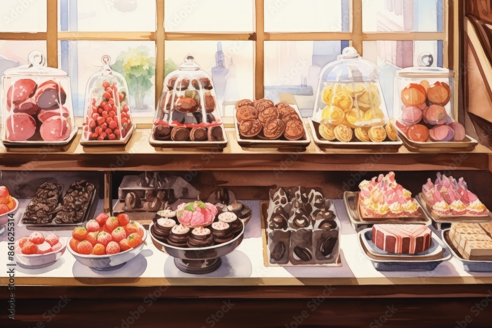 A window display of various desserts, including cakes, cookies, and fruit. Scene is inviting and delicious, illustrations, copy space. A window display of various desserts, including cakes, cookies, and fruit. Scene is inviting and delicious, illustrations, copy space.