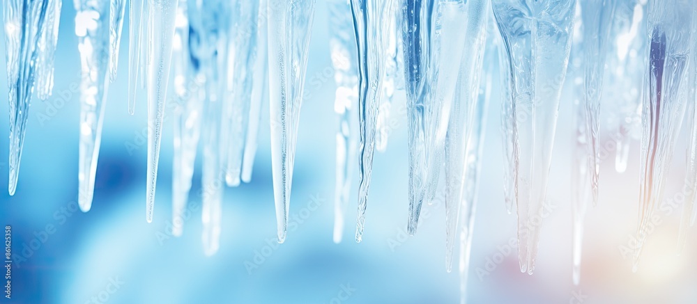 Nature background in light blue, featuring transparent icicles on snow, creating a refreshing, serene setting for copy space image with soft focus. Nature background in light blue, featuring transparent icicles on snow, creating a refreshing, serene setting for copy space image with soft focus.