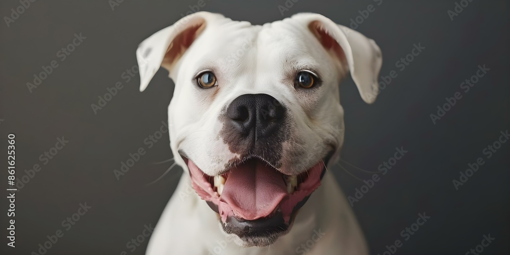 Adorable White American Bulldog A Friendly and Loyal Pet on a Grey Background. Concept Pet Photography, American Bulldog, Friendly Animals, Loyal Pets, Grey Background Adorable White American Bulldog A Friendly and Loyal Pet on a Grey Background. Concept Pet Photography, American Bulldog, Friendly Animals, Loyal Pets, Grey Background