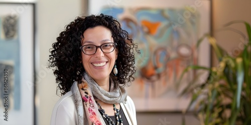 Woman with Curly Hair, Glasses, Scarf, and Necklace Smiling in an Art-Filled Room. Concept Portraits, Curly Hair, Glasses, Scarf, Necklace, Smiling, Art-Filled Room photo