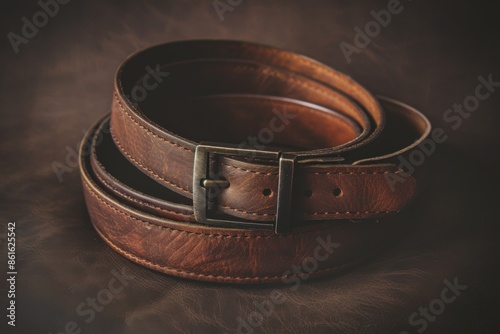 Leather Belt. Two Brown Belts on Dark Background, Casual Attire Close-up