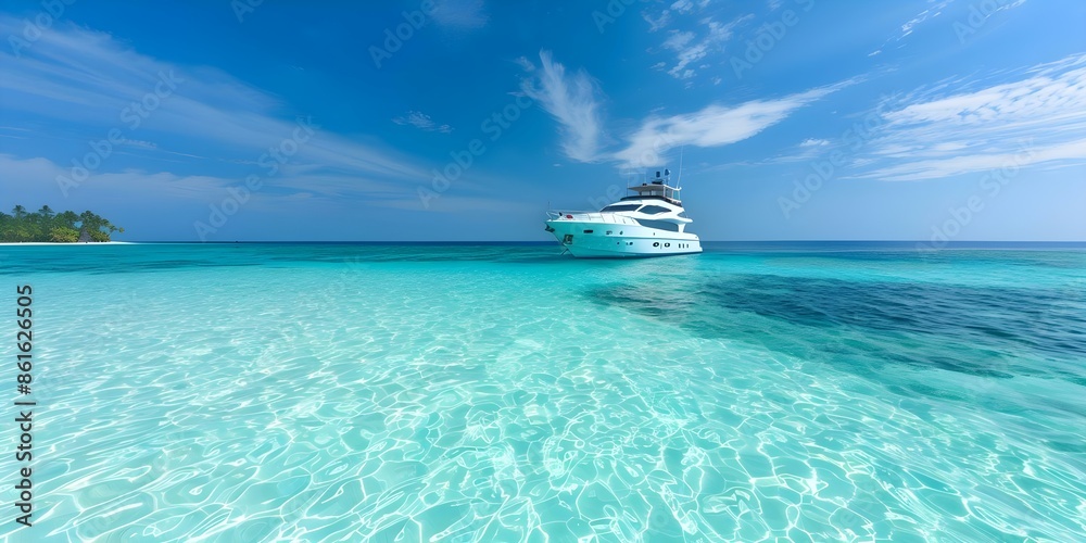Fototapeta premium Luxurious Yacht Anchored in Crystal-Clear Turquoise Waters Near Tropical Island. Concept Luxury Yachting, Tropical Paradise, Clear Turquoise Waters, Anchor Views, Exotic Escapes
