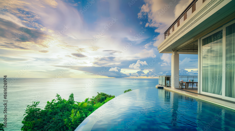 Fototapeta premium A luxurious hotel balcony with an infinity pool overlooking a serene ocean at sunset. The scene captures the elegance and tranquility of a perfect getaway, with modern architecture.