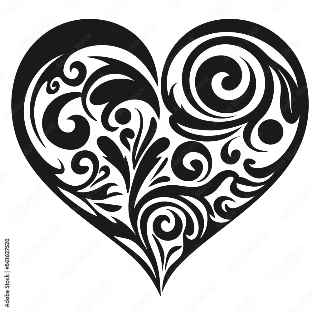 A black and white heart-shaped design with intricate swirling patterns and abstract shapes A black and white heart-shaped design with intricate swirling patterns and abstract shapes