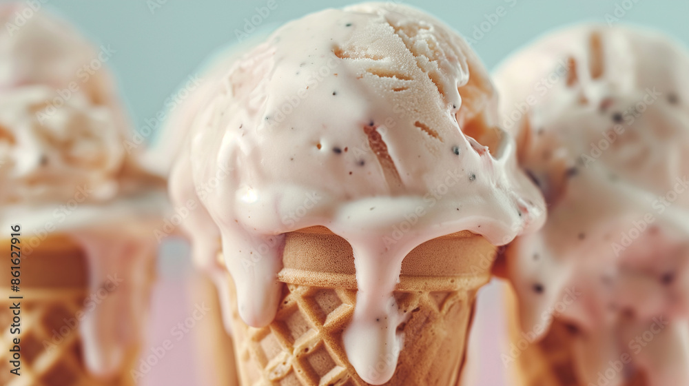Naklejka premium A close-up of melting ice cream cones, summer, ice cream, hd, delicious with copy space