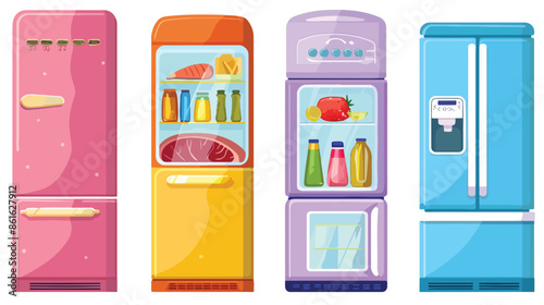 Refrigerators With Products Vegetables Meat Fruits 