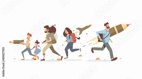 Refugee Characters Running Away From Military Rockets