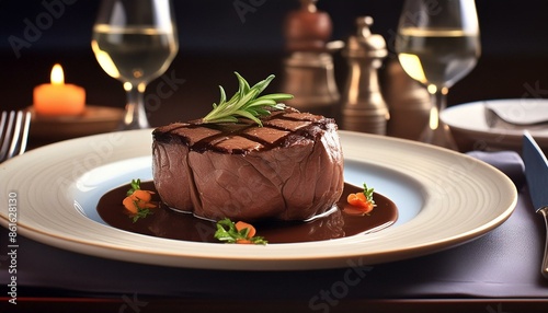 Gourmet mignon steak, shot from the side, served in a five-star restaurant.