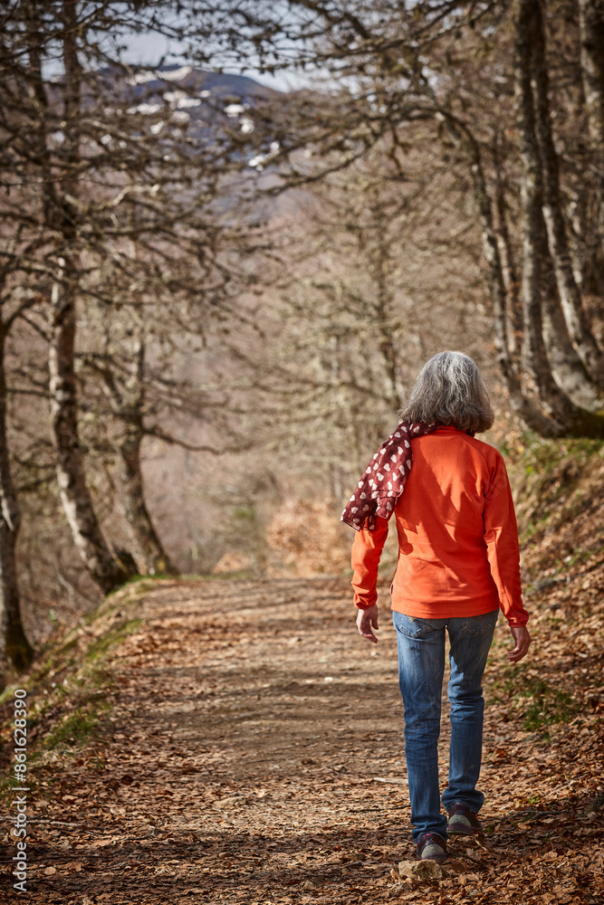Woman walking in the woods. Healthy lifestyle. Natural environment Woman walking in the woods. Healthy lifestyle. Natural environment