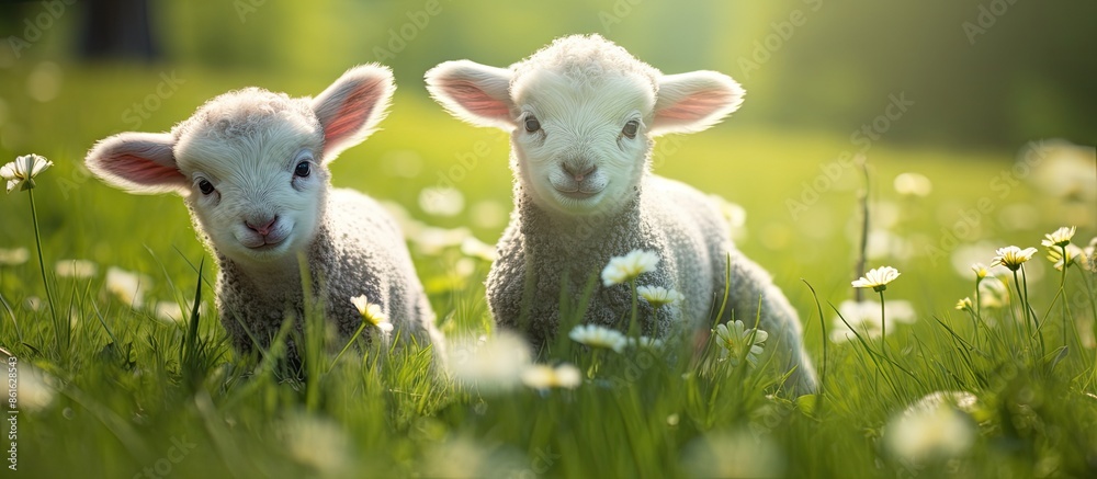 Adorable baby lambs frolicking on the lush green meadow, with a charmingly natural backdrop perfect for a copy space image. Adorable baby lambs frolicking on the lush green meadow, with a charmingly natural backdrop perfect for a copy space image.