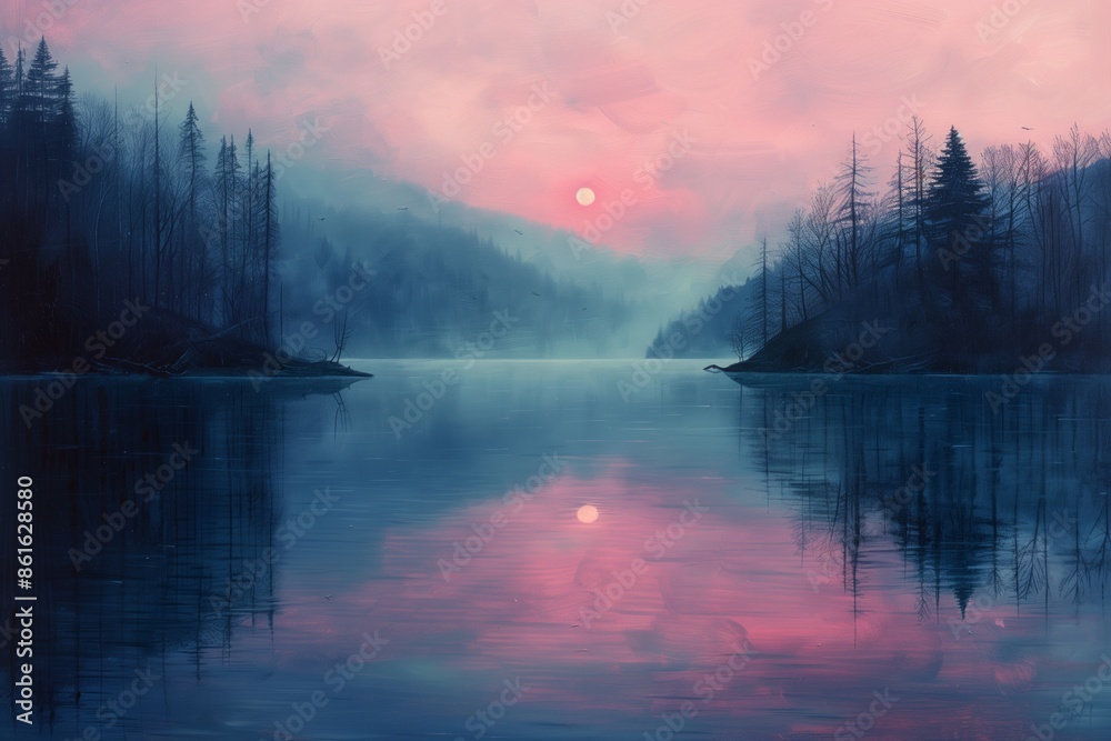 Pink Sunset Over Tranquil Lake With Silhouetted Trees Pink Sunset Over Tranquil Lake With Silhouetted Trees