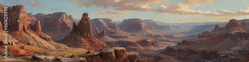 A sprawling canyon landscape rendered in thick, textured oil paint, showcasing the deep, rugged valleys and towering rock formations under an expansive sky, Generative AI