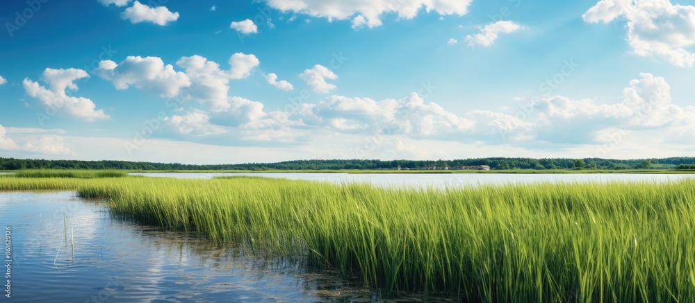 Landscape photo with selective focus on marshland, showcasing grass field against a blue sky with copy space image. Landscape photo with selective focus on marshland, showcasing grass field against a blue sky with copy space image.