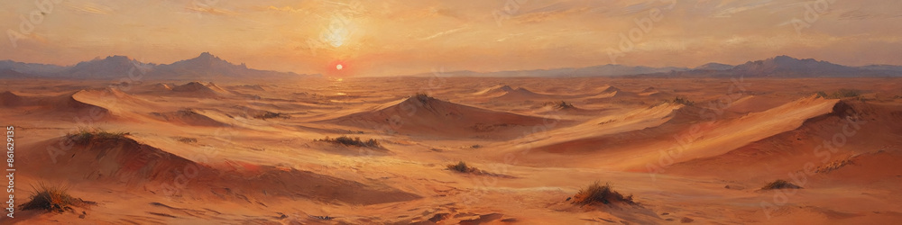 Fototapeta premium An expansive desert landscape painted with thick layers of oil, featuring endless dunes and a blazing horizon, the textured sand creating a sense of depth and heat, Generative AI