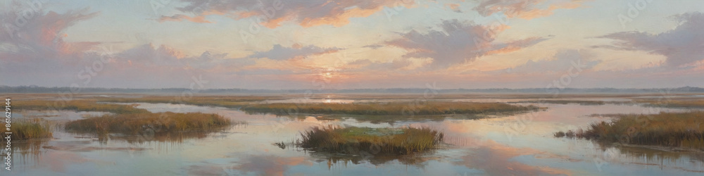 A vast, serene wetland depicted in thick oil layers, with endless marshes, reflective waters, and a wide, tranquil horizon under soft, pastel skies, Generative AI A vast, serene wetland depicted in thick oil layers, with endless marshes, reflective waters, and a wide, tranquil horizon under soft, pastel skies, Generative AI