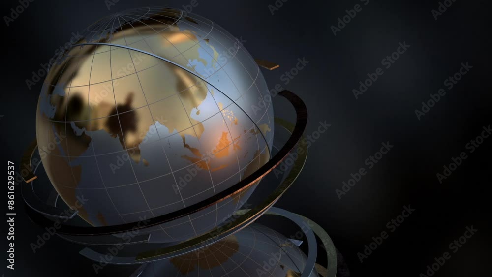 This stock motion graphic shows a 3D metal globe rotating. This stock motion graphic shows a 3D metal globe rotating.