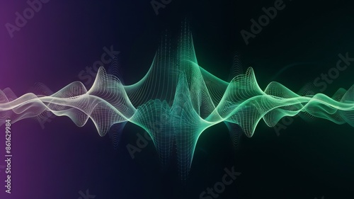An abstract digital art piece showcasing an intricate sound wave pattern. The waves are portrayed with vibrant green and blue colors, creating a mesmerizing visual effect