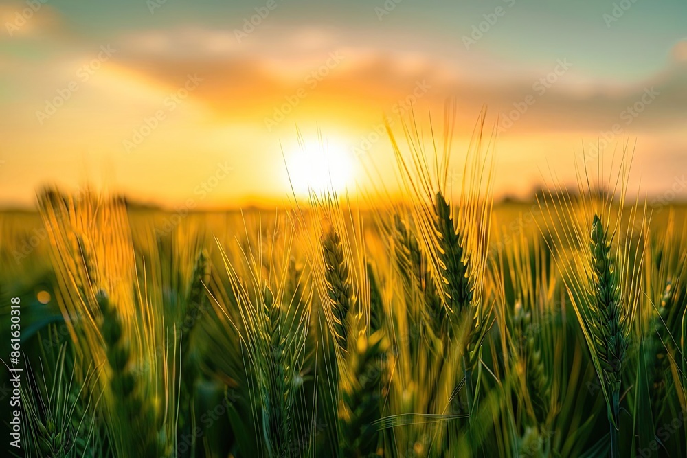 Fototapeta premium Scenic view of a vibrant field of wheat during sunset, showcasing the beauty of nature with golden hues and tranquil atmosphere.