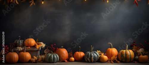 Fall-themed backdrop with pumpkins in shades of orange set on a dark table, ideal as a background for Thanksgiving, providing room for additional images or text. photo