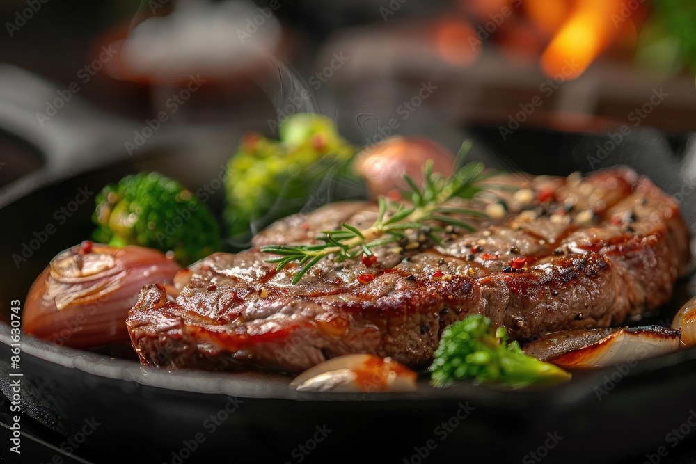 Juicy grilled steak garnished with rosemary and vegetables, sizzling in a cast-iron skillet. Perfectly cooked meat for a delicious meal.