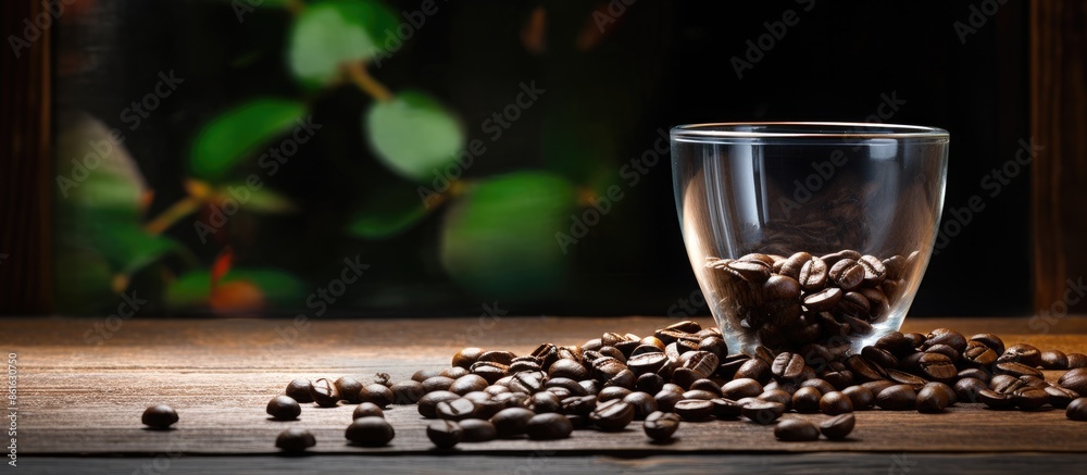White coffee beans and glass placed on a wooden surface, providing a tranquil setting with copy space image. White coffee beans and glass placed on a wooden surface, providing a tranquil setting with copy space image.